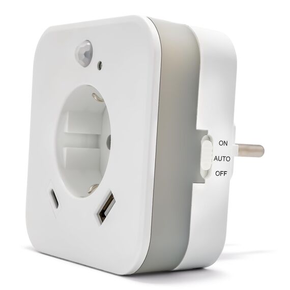smrter LED-Nachtlicht mit Bewegungsmelder und Steckdose, 2x USB (1x USB C + 1x USB A) 2.4A, weiß, Ein/Aus/Auto Modus-Schalter, automatischer Lichtsensor, GS (geprüfte Sicherheit) (3 Stück [mit USB-C])