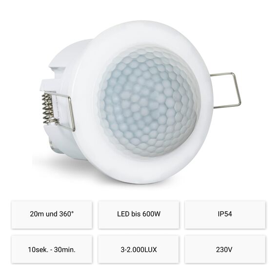 SEBSON Bewegungsmelder Unterputz Außen 20m / 360° - Decken Montage, programmierbar, LED geeignet, Einbauloch Ø63-66mm, PIR Infrarot Sensor, 3-Draht