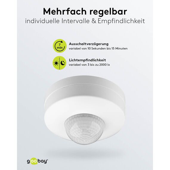 Goobay 96007 Infrarot Bewegungsmelder für Innen IP20, 3fach PIR Sensor 360° für LED Deckenleuchte Melder Decke Aufputz Montage 6 m Reichweite IDA Weiß