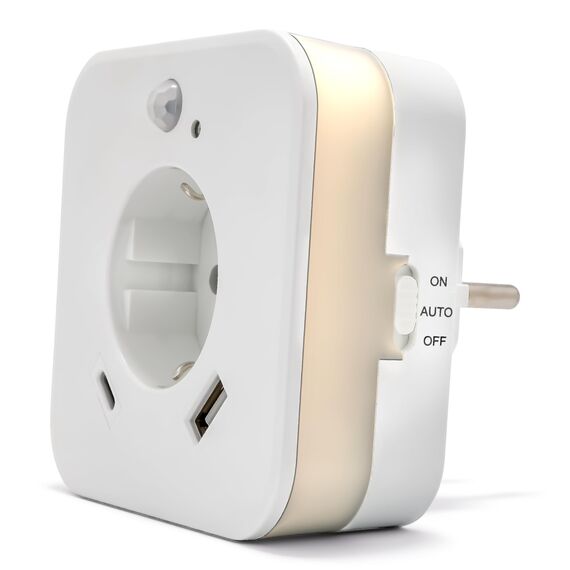 smrter LED-Nachtlicht mit Bewegungsmelder und Steckdose, 2x USB (1x USB C + 1x USB A) 2.4A, weiß, Ein/Aus/Auto Modus-Schalter, automatischer Lichtsensor, GS (geprüfte Sicherheit) (3 Stück [mit USB-C])