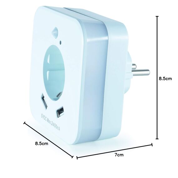 smrter LED-Nachtlicht mit Bewegungsmelder und Steckdose, 2x USB 2.4A, Auto/Ein/Aus Schalter, automatischer Lichtsensor, GS (geprüfte Sicherheit) (3 Stk)