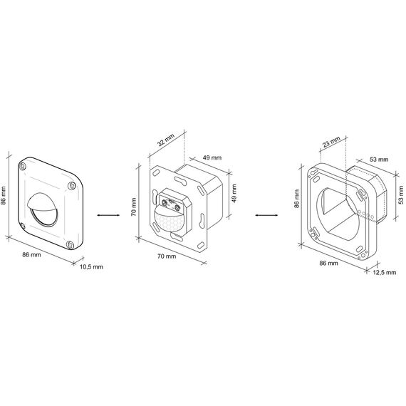 SEBSON Bewegungsmelder Außen IP65 - Unterputz, LED geeignet, Wand Montage, IR Bewegungssensor programmierbar - Einbau 53x53x23mm - Sensor 10m/ 190°, 3-Draht - Anthrazit