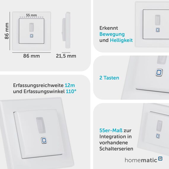 Homematic IP Smart Home Bewegungsmelder im 55er-Rahmen – innen, Zubehör für Smart Home mit App-Funktion, für Alarmlösung, schaltet Leuchten, Wandschalter, Energie sparen, 156242A0