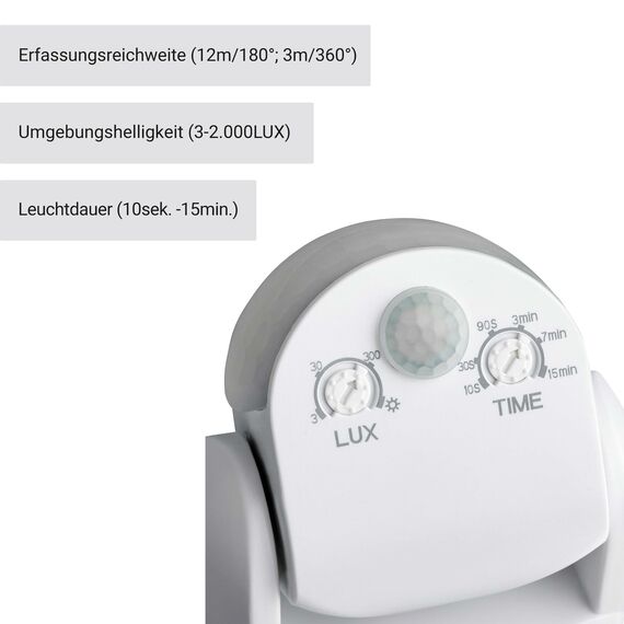 SEBSON Bewegungsmelder Aussen IP65-2er Set - Aufputz, Wand Montage, programmierbar, Infrarot, Reichweite 12m / 180° - 3m / 360° (2 Sensoren), LED geeignet, schwenkbar, 3-Draht