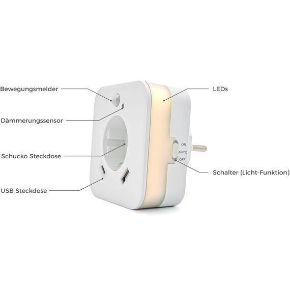 smrter LED-Nachtlicht mit Bewegungsmelder und Steckdose, 2x USB (1x USB C + 1x USB A) 2.4A, weiß, Ein/Aus/Auto Modus-Schalter, automatischer Lichtsensor, GS (geprüfte Sicherheit) (3 Stück [mit USB-C])