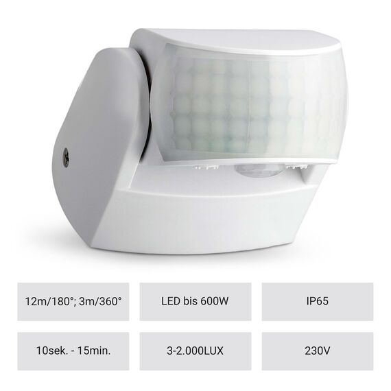 SEBSON Bewegungsmelder Aussen IP65-2er Set - Aufputz, Wand Montage, programmierbar, Infrarot, Reichweite 12m / 180° - 3m / 360° (2 Sensoren), LED geeignet, schwenkbar, 3-Draht