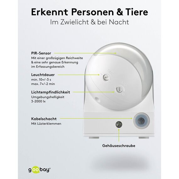 Goobay 95174 Infrarot Bewegungsmelder für Innen & Aussen 180° PIR Sensor LED Leuchte drehbar & neigbar Wand Aufputz Montage 12m Reichweite Weiß