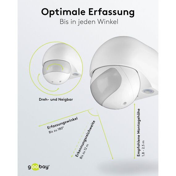 Goobay 95174 Infrarot Bewegungsmelder für Innen & Aussen 180° PIR Sensor LED Leuchte drehbar & neigbar Wand Aufputz Montage 12m Reichweite Weiß