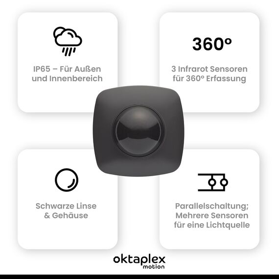 Oktaplex 2er Set Tim Präsenzmelder 360° Bewegungsmelder Aussen IP65 Infrarot-Bewegungssensor anthrazit 230V