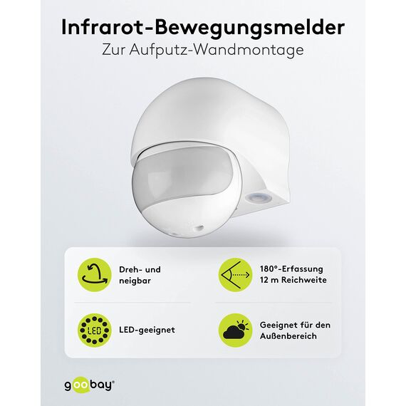 Goobay 95174 Infrarot Bewegungsmelder für Innen & Aussen 180° PIR Sensor LED Leuchte drehbar & neigbar Wand Aufputz Montage 12m Reichweite Weiß