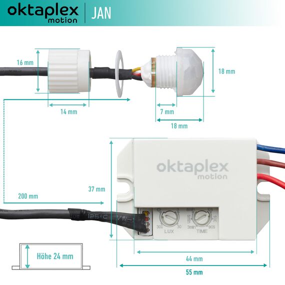 Oktaplex Jan 2er Set Einbau-Bewegungsmelder Aussen IP65 / IP20 360° Infrarot-Sensor klein 8m Reichweite 230V mit Dämmerungssensor