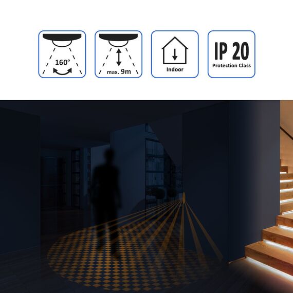 deleyCON 2X Infrarot Bewegungsmelder Unterputz Wandmontage Innenbereich Lichtsteuerung 160° Arbeitsfeld 9m Reichweite eingebauter Lichtsensor Weiß