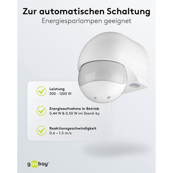 Goobay 95174 Infrarot Bewegungsmelder für Innen & Aussen 180° PIR Sensor LED Leuchte drehbar & neigbar Wand Aufputz Montage 12m Reichweite Weiß