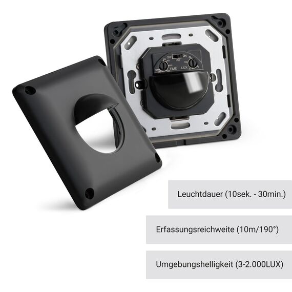 SEBSON Bewegungsmelder Außen IP65 - Unterputz, LED geeignet, Wand Montage, IR Bewegungssensor programmierbar - Einbau 53x53x23mm - Sensor 10m/ 190°, 3-Draht - Anthrazit