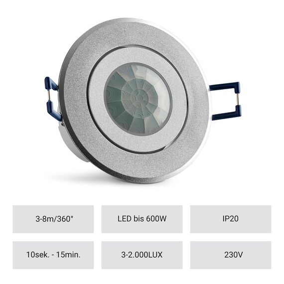 SEBSON Bewegungsmelder Innen Unterputz - 2er Set - LED geeignet, Decken Montage, Infrarot Sensor programmierbar 3-8m/ 360°, schwenkbar, 3-Draht