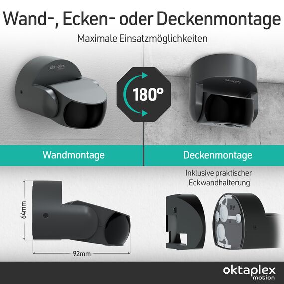 Oktaplex Bea Bewegungsmelder IP65 Eckmontage Aussen schwenkbar 180° 12m Reichweite PIR-Sensor 230V anthrazit Aufputz Motion Sensor