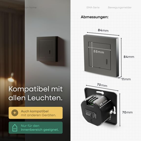 Scandinavian home Bewegungsmelder Innen - HF Bewegungsmelder Lichtschalter Standardmaß 55-180° 15m Erfassung, mit 3-Draht-Technik/Neutralleiter für LED, Unterputz Montage - Anthrazit Matt