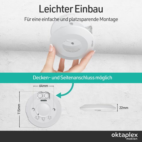 Oktaplex Ida 2er Set Decken-Bewegungsmelder flach 360° Hochfrequenz-Sensor 2-16m Reichweite 230V Präsenzmelder weiß mit Dämmerungssensor