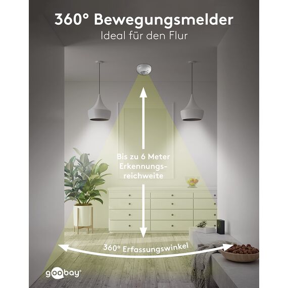 Goobay 95172 Infrarot Bewegungsmelder für Innen IP20 mit 360° Pir Sensor für Led Deckenleuchte Melder Decke Aufputz Montage 6m Reichweite Weiß (Packung mit 2)