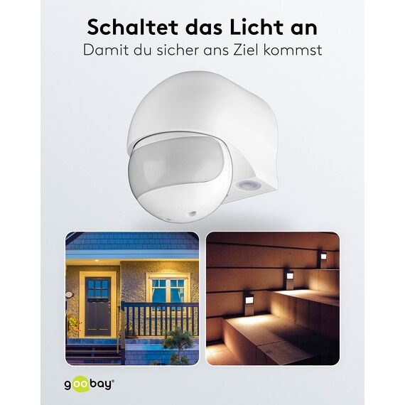 Goobay 95174 Infrarot Bewegungsmelder für Innen & Aussen 180° PIR Sensor LED Leuchte drehbar & neigbar Wand Aufputz Montage 12m Reichweite Weiß