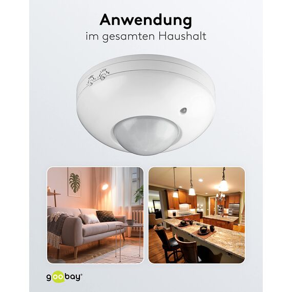 Goobay 95172 Infrarot Bewegungsmelder für Innen IP20 mit 360° Pir Sensor für Led Deckenleuchte Melder Decke Aufputz Montage 6m Reichweite Weiß (Packung mit 2)