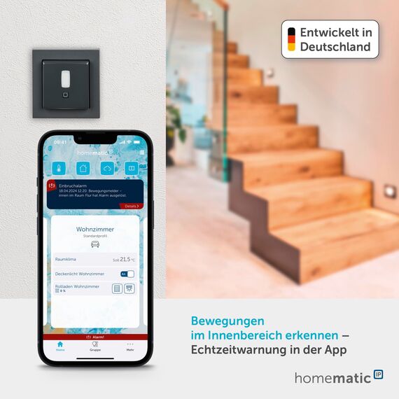 Homematic IP Smart Home Bewegungsmelder im 55er-Rahmen – innen, anthrazit, Zubehör für Smart Home mit App-Funktion, für Alarmlösung, schaltet Leuchten, Wandschalter, Energie sparen, 159903A0