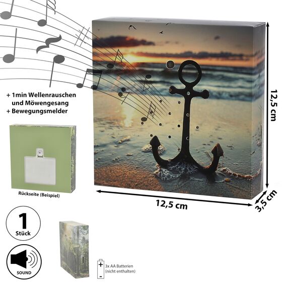 Soundbox 'Anker' Bewegungssensor | 12x12x3,5cm Pappe Kunststoff | Wellenrauschen Lautstärke regulierbar (1 x Soundbox Anker)