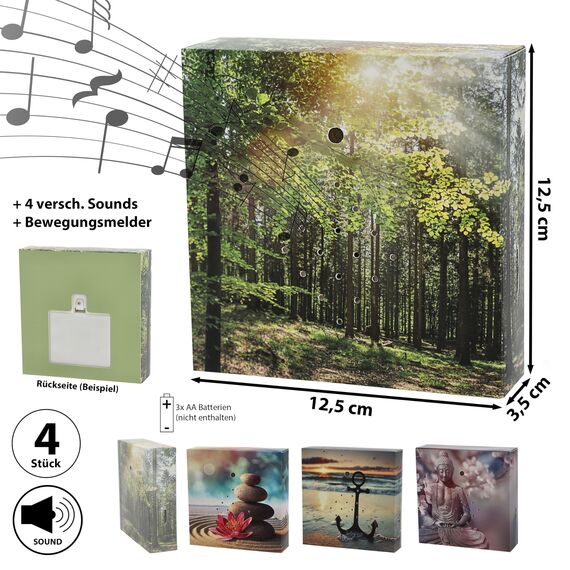 Soundbox 4er Set Bewegungssensor | 12x12x3,5cm Pappe Kunststoff | Meditationssound Wellenrauschen Möwengesang (1 x 4er Set Soundbox)