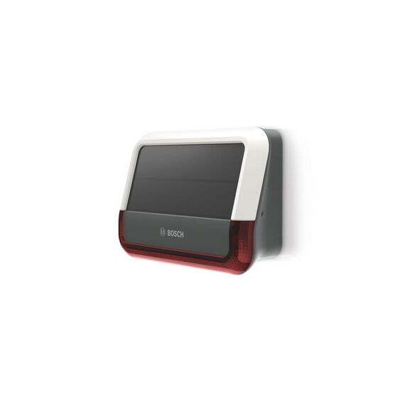 Bosch Smart Home Außensirene, kabellose Alarmanlage mit Solarpanel, warnt per 3-fachen Alarmierung hörbar, sichtbar und via Push-Nachricht