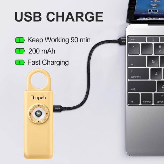 Taschenalarm für Selbstverteidigungs-Schlüsselanhänger, Sirene, wiederaufladbar, persönlicher Sicherheitsalarm für Damen, 135 dB Sirene, Stroboskop, SOS-LED-Licht (Metallic Gold)