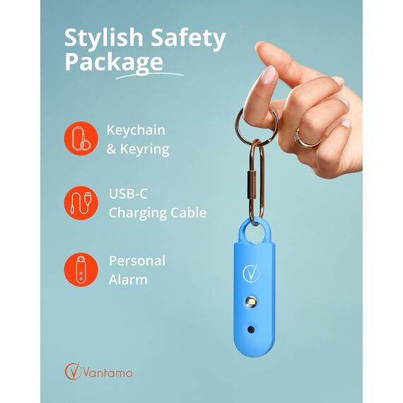 Vantamo Taschenalarm Extra Laut 130dB Mit 2 Lautsprechern Für Selbstverteidigung Frauen, Hell Taschenlampe & Batteriewarnung, Alarm Für Frauen Unterwegs Mit Schlüsselanhänger