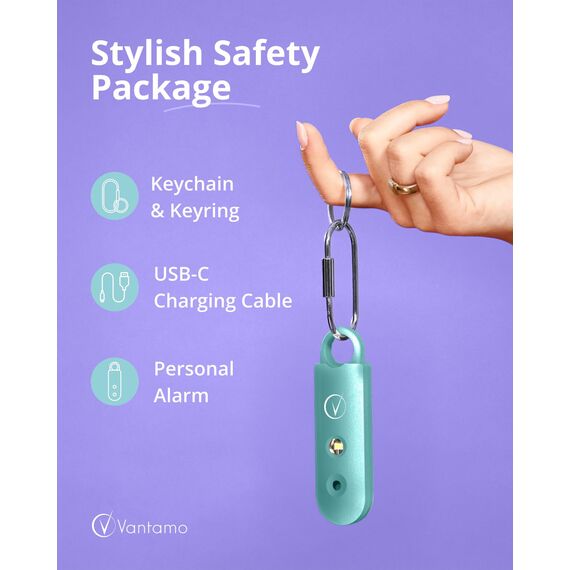 Vantamo Taschenalarm Extra Laut 130dB Mit 2 Lautsprechern Für Selbstverteidigung Frauen, Hell Taschenlampe & Batteriewarnung, Alarm Für Frauen Unterwegs Mit Schlüsselanhänger