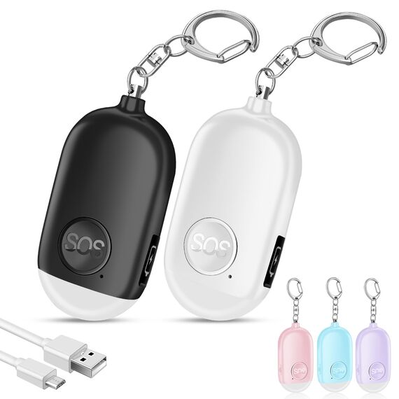 Hion Taschenalarm Frauen,2St 130DB Wiederaufladbar Persönlicher Selbstverteidigung Alarm mit LED-Beleuchtung,Panikalarm Handtaschenalarm Schlüsselanhänger für Kinder,ältere Menschen(Weiß+Schwarz)