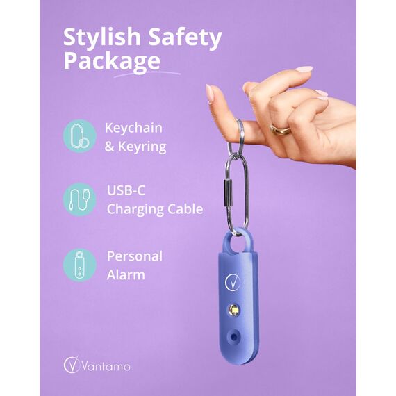 Vantamo Taschenalarm Extra Laut 130dB Mit 2 Lautsprechern Für Selbstverteidigung Frauen, Hell Taschenlampe & Batteriewarnung, Alarm Für Frauen Unterwegs Mit Schlüsselanhänger