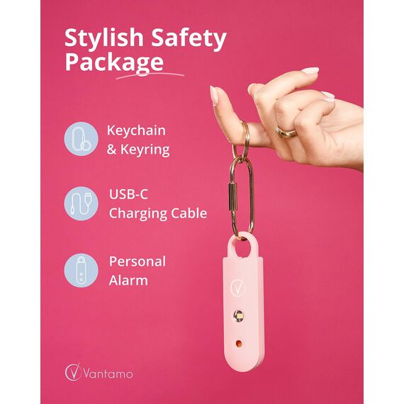 Vantamo Taschenalarm Extra Laut 130dB Mit 2 Lautsprechern Für Selbstverteidigung Frauen, Hell Taschenlampe & Batteriewarnung, Alarm Für Frauen Unterwegs Mit Schlüsselanhänger