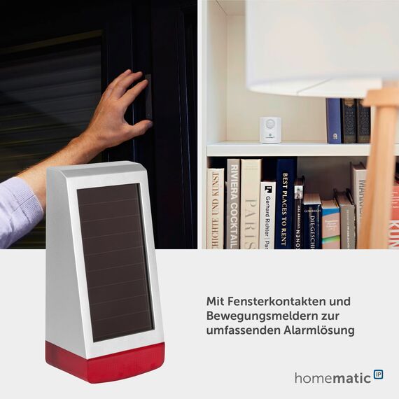 Homematic IP Alarmsirene – außen, Smart Home, Funk-Außensirene mit Solarpanel und App-Funktion, kabellose Sirene mit Solarpanel, warnt hörbar, sichtbar und per Push-Nachricht, 153208A0