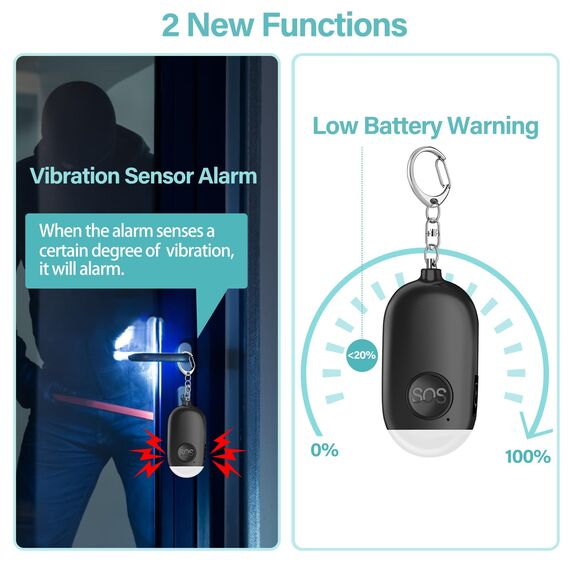 Hion Taschenalarm Frauen,2St 130DB Wiederaufladbar Persönlicher Selbstverteidigung Alarm mit LED-Beleuchtung,Panikalarm Handtaschenalarm Schlüsselanhänger für Kinder,ältere Menschen (Schwarz+Rosa)