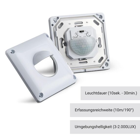 SEBSON Bewegungsmelder Außen IP65 - Unterputz, LED geeignet, Wand Montage, IR Bewegungssensor programmierbar - Einbau 53x53x23mm - Sensor 10m/ 190°, 3-Draht