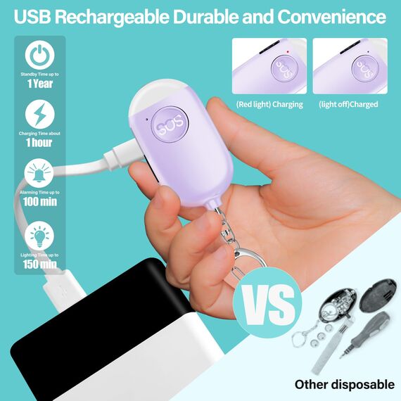 Hion Taschenalarm Frauen,130DB Wiederaufladbar Persönlicher Selbstverteidigung Alarm mit LED-Beleuchtung,Panikalarm Handtaschenalarm Schlüsselanhänger für Frauen,Kinder,ältere Menschen（Violett）