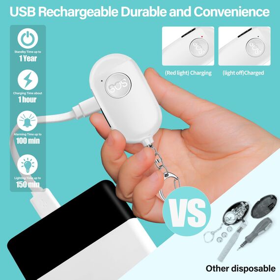 Hion Taschenalarm Frauen,2St 130DB Wiederaufladbar Persönlicher Selbstverteidigung Alarm mit LED-Beleuchtung,Panikalarm Handtaschenalarm Schlüsselanhänger für Kinder,ältere Menschen(Weiß+Schwarz)