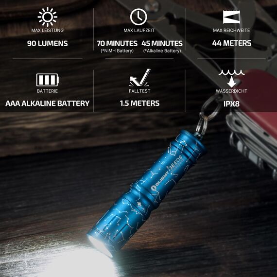 OLIGHT I3E EOS Mini LED Taschenlampe Schlüsselanhänger 90 Lumen und 44m Reichweite, kleine Flashlight Schlüsselbund Handlampe Wasserdicht IPX8, AAA Batterie, für Camping Summer Palm