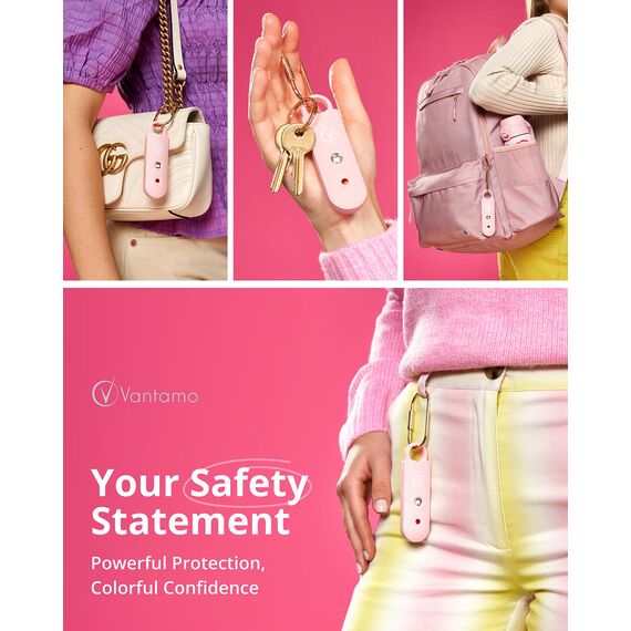 Vantamo Taschenalarm Extra Laut 130dB Mit 2 Lautsprechern Für Selbstverteidigung Frauen, Hell Taschenlampe & Batteriewarnung, Alarm Für Frauen Unterwegs Mit Schlüsselanhänger