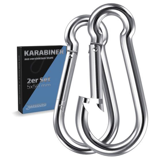GARSIDURO® Karabinerhaken | 2er Set 5x50 mm | Karabiner Stahl verzinkt DIN 5299 | Feuerwehr-Karabiner mit Schnappverschluss geeignet als Schlüsselanhänger oder für Schwerlast und Hundeleine