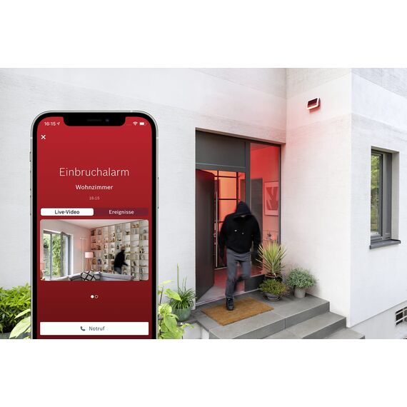 Bosch Smart Home Außensirene, kabellose Alarmanlage mit Solarpanel, warnt per 3-fachen Alarmierung hörbar, sichtbar und via Push-Nachricht