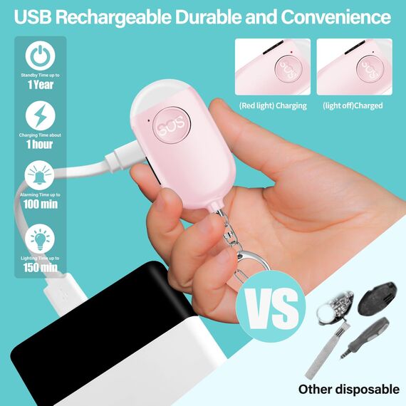 Hion Taschenalarm Frauen,130DB Wiederaufladbar Persönlicher Selbstverteidigung Alarm mit LED-Beleuchtung,Panikalarm Handtaschenalarm Schlüsselanhänger für Frauen,Kinder,ältere Menschen（Rosa）