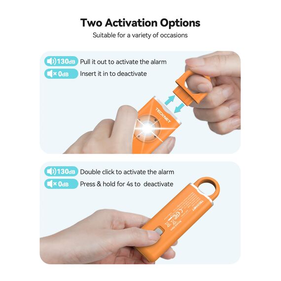 TECKNET Persönlicher Alarm, Taschenalarm mit 130 dB Sirene und LED Signalleuchte, USB Type-C wiederaufladbar Schlüsselanhänger für Frauen, Sicherheitsalarm für Kinder/Frauen/Ältere/Studenten (Orange)