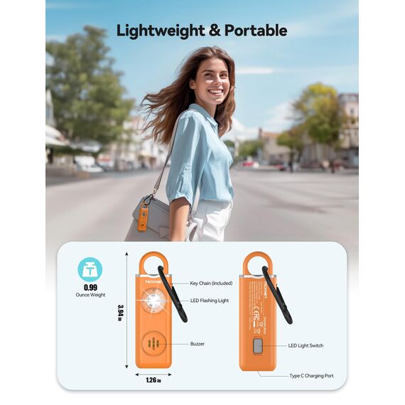 TECKNET Persönlicher Alarm, Taschenalarm mit 130 dB Sirene und LED Signalleuchte, USB Type-C wiederaufladbar Schlüsselanhänger für Frauen, Sicherheitsalarm für Kinder/Frauen/Ältere/Studenten (Orange)