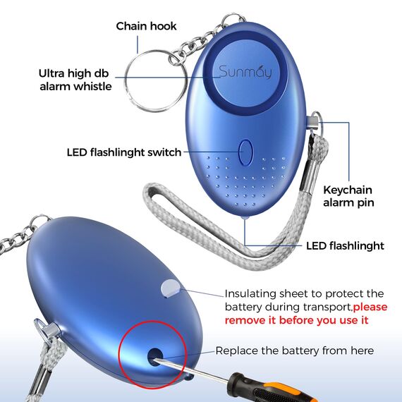 SUNMAY Persönlicher Alarm, 5 Stück, 140 dB, Selbstverteidigungsalarm mit LED-Licht, Schlüsselanhänger für Frauen, Kinder, ältere Menschen, Nachtschicht