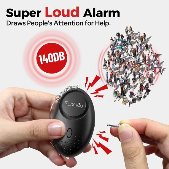 SUNMAY Persönlicher Alarm, 5 Stück, 140 dB, Selbstverteidigungsalarm mit LED-Licht, Schlüsselanhänger für Frauen, Kinder, ältere Menschen, Nachtschicht