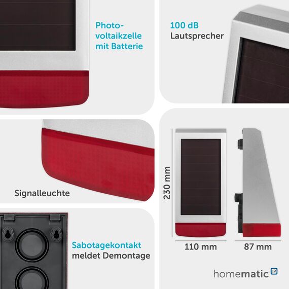 Homematic IP Alarmsirene – außen, Smart Home, Funk-Außensirene mit Solarpanel und App-Funktion, kabellose Sirene mit Solarpanel, warnt hörbar, sichtbar und per Push-Nachricht, 153208A0